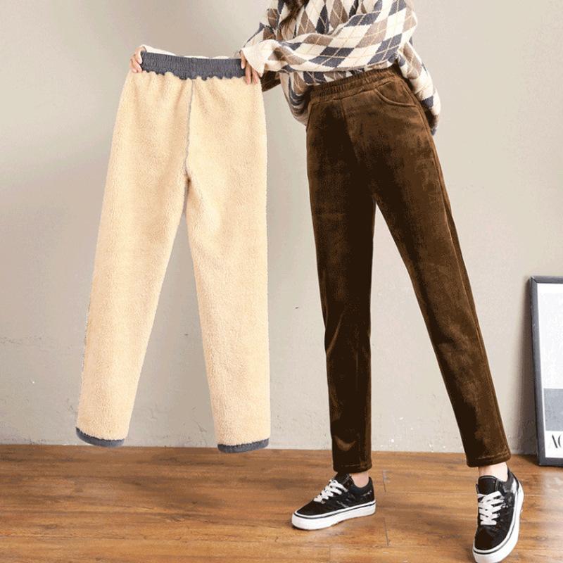 Women's Corduroy Warm Pants Autumn Winter Plush Thick Casual Pants Leggings High Waist Harem Pants Trousers