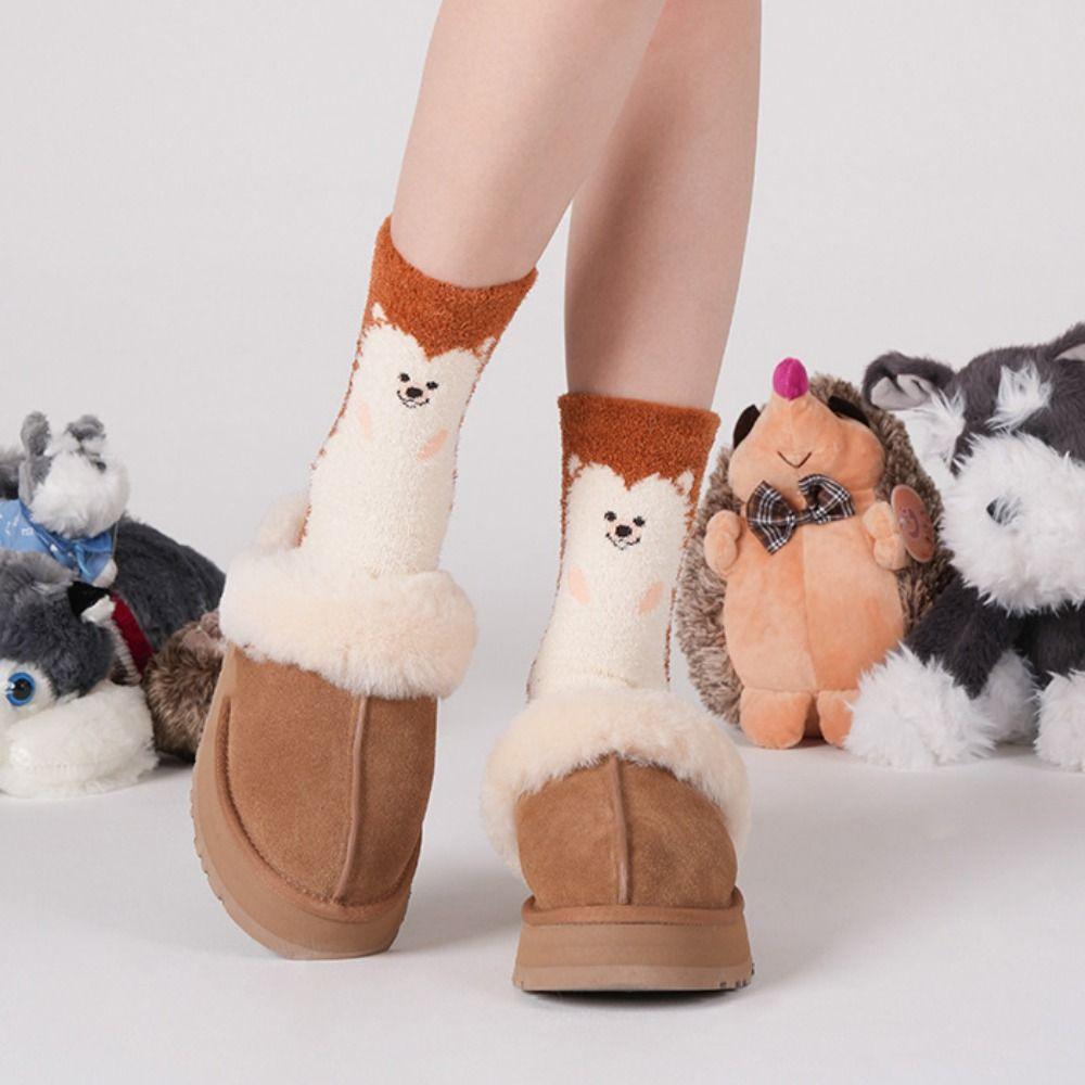 Cute Cartoon Husky Coral Fleece Socks Hedgehog Sweet Sleeping Socks Women Hosiery Funny Thicken Warm Socks Male/Famale