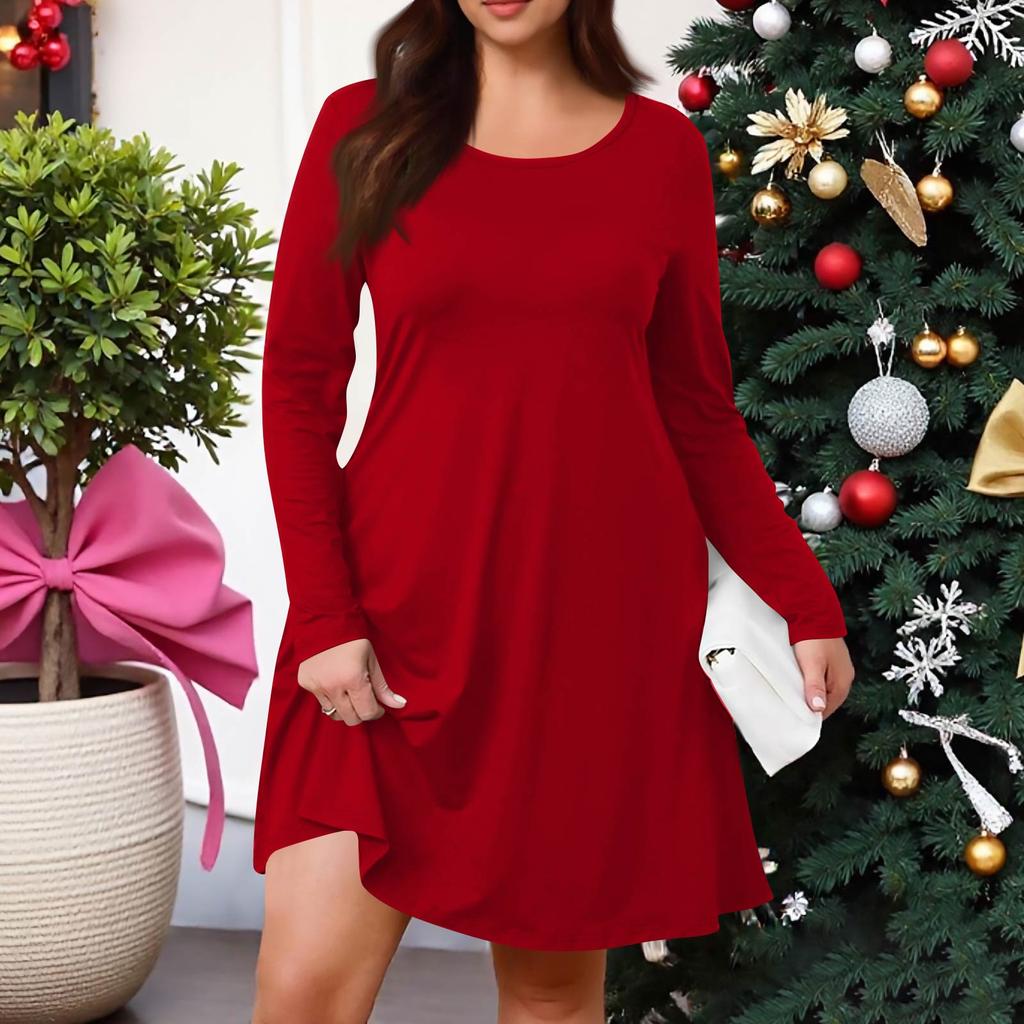 Plus Size Women's Solid-Colour Casual Dress Spring Pocket Round Neck Long-Sleeved Dress