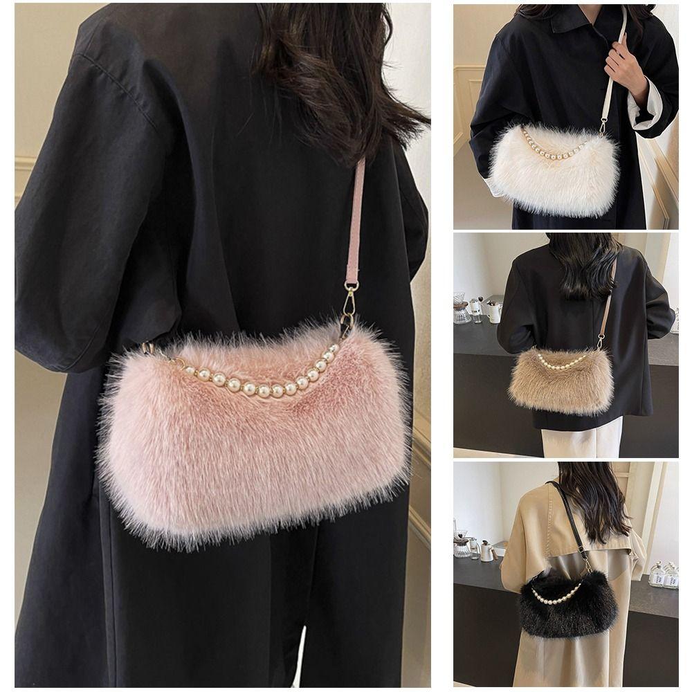 Fashi Faux Fur Shoulder Bag Soft Fluffy Plush Handbag Zipper Solid Color Crossbody Bag