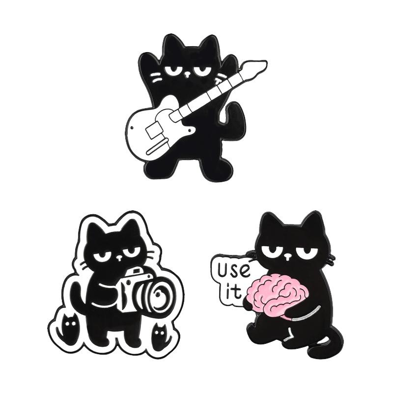 Cute Black Cat Enamel Pins Use It Brain Camera Guitar Cool Band Kitten Cartoon Animal Brooches Lapel Badge Jewelry Gifts