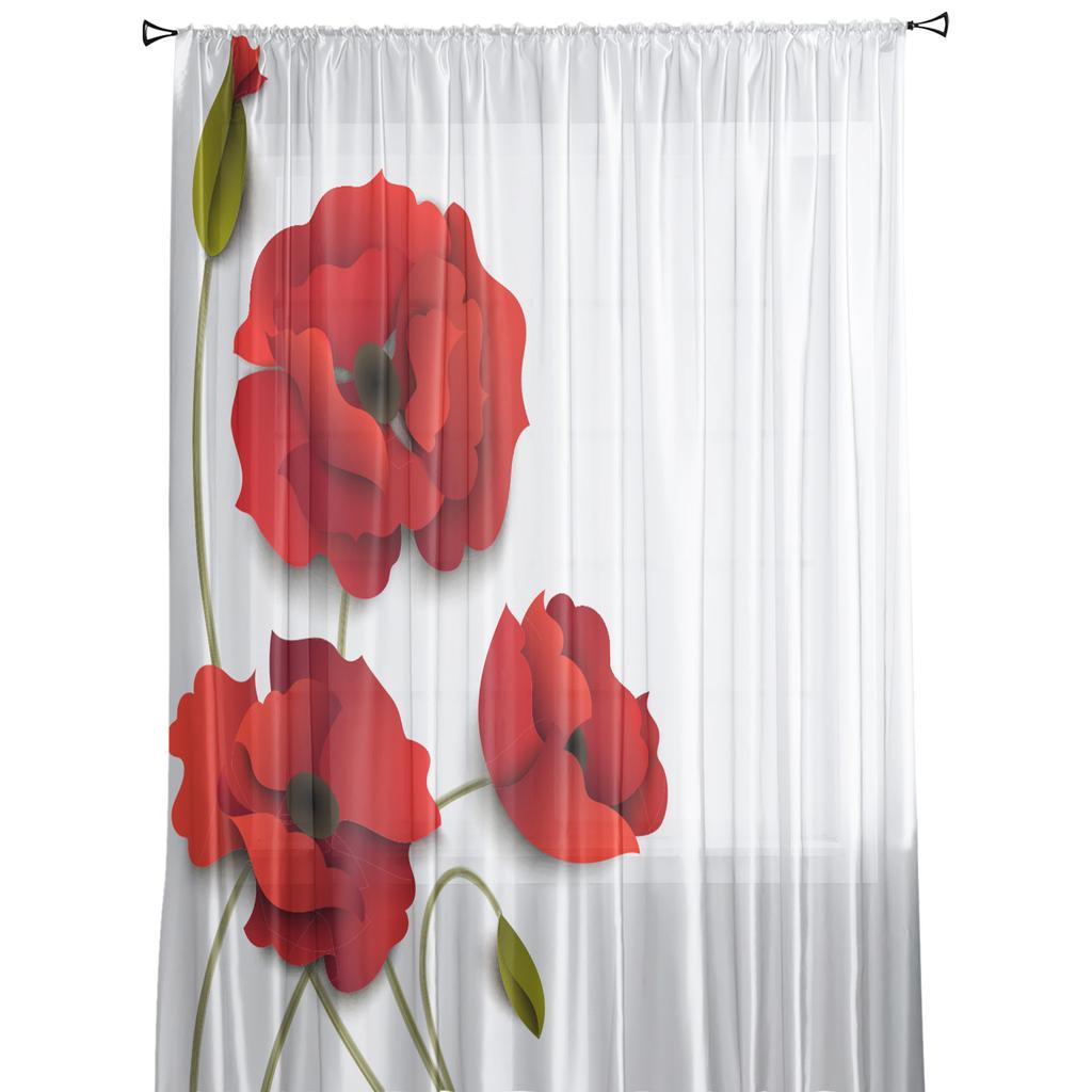 Red Poppy Flower White Chiffon Sheer Curtains for Living Room Bedroom Home Decoration Window Voiles Tulle Drapes Curtain
