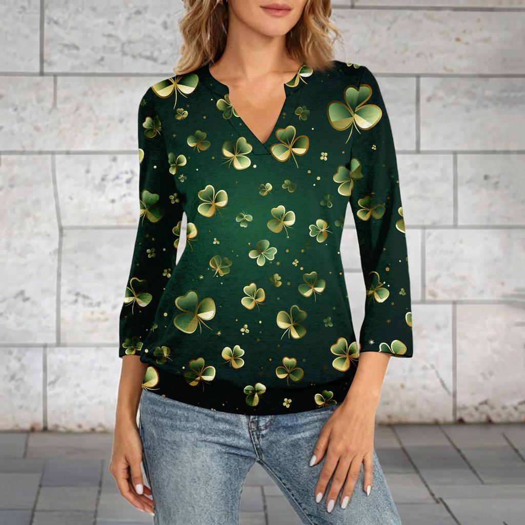 Damen 3/4-Arm Oberteil mit Bündchensaum, V-Ausschnitt, Sommer Freizeit-T-Shirt, St. Bedrucktes Oberteil zum St. Patrick's Day