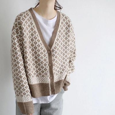 Gestrickte Strickjacke Pullover Frauen Herbst 2023 Retro kontrastierenden V-ausschnitt Pullover Oberbekleidung Temperament Lose Pullover Strickjacke Frauen