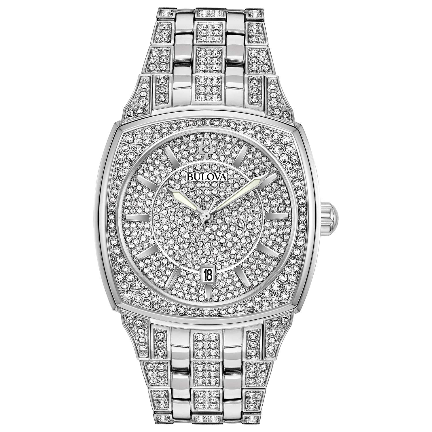 

Bulova Men s Crystals Phantom Stainless Steel 3-Hand Quartz Watch, Cushion Shape Dial and Curved Mineral Crystal Style: 96B296