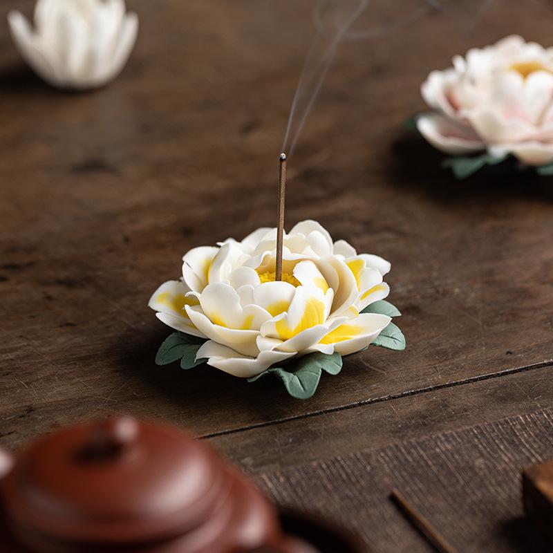 Handmade Ceramic Lotus Incense Burner - Zen Flower Ornament for Living Room Decor