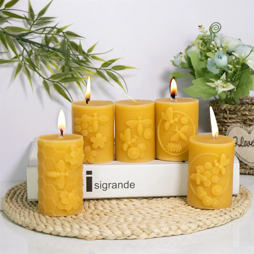 3D Honeycomb Pillar Candle Silicone Mold DIY Embossed Bee and Flower Honeycomb Cylinder Aromatherapy Candle Plaster Mold Decor