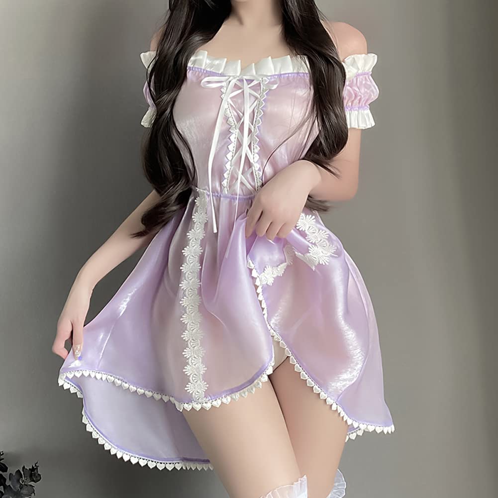 Baioretto Sexy Maid Cosplay Sheer Maid Costume with Puff Sleeves and Adult Includes Perfect As a Gift for Your Girlfriend or or Day Costume, Lavender,