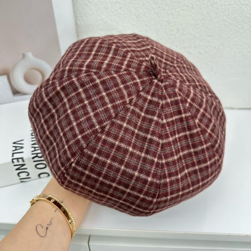 British retro plaid beret spring and autumn dome octagonal hat design sense pumpkin hat shows small face and big head circumference