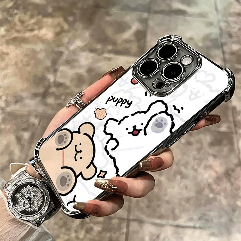 Kawaii Line Puppy Cute Soft Phone Case For iPhone 15 16 17 Air 14 Pro Max 16E Plus 13 12 Mini Plating Anti-Fall Fundas