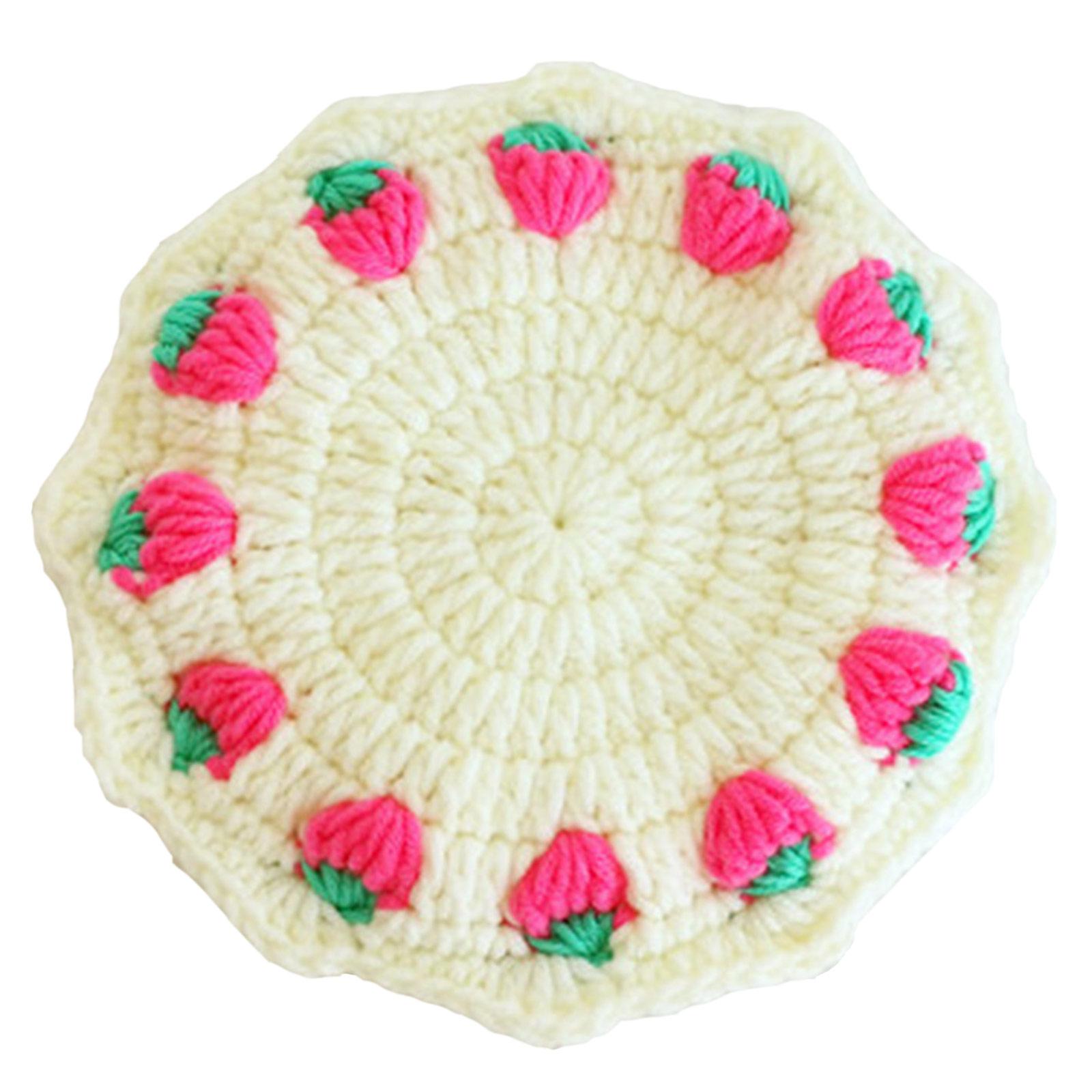 

Round Knitted Strawberry Coaster Table Place Mat Pad Crochet Placemat Handmade Drinking Cup Mats Wedding Kitchen Table 6