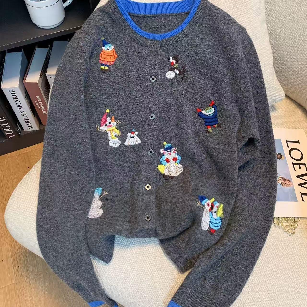 

Вязаный кардиган с вышивкой большого размера: Женский милый свитер-пальто в стиле ретро для осени и зимы 3XL 150-175 lbs темно-серого