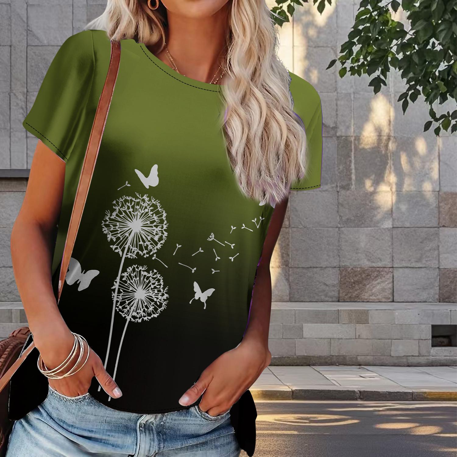 

Женская летняя футболка с принтом одуванчика в стиле ретро, футболки с коротким рукавом, повседневные топы с принтом XL зелёный