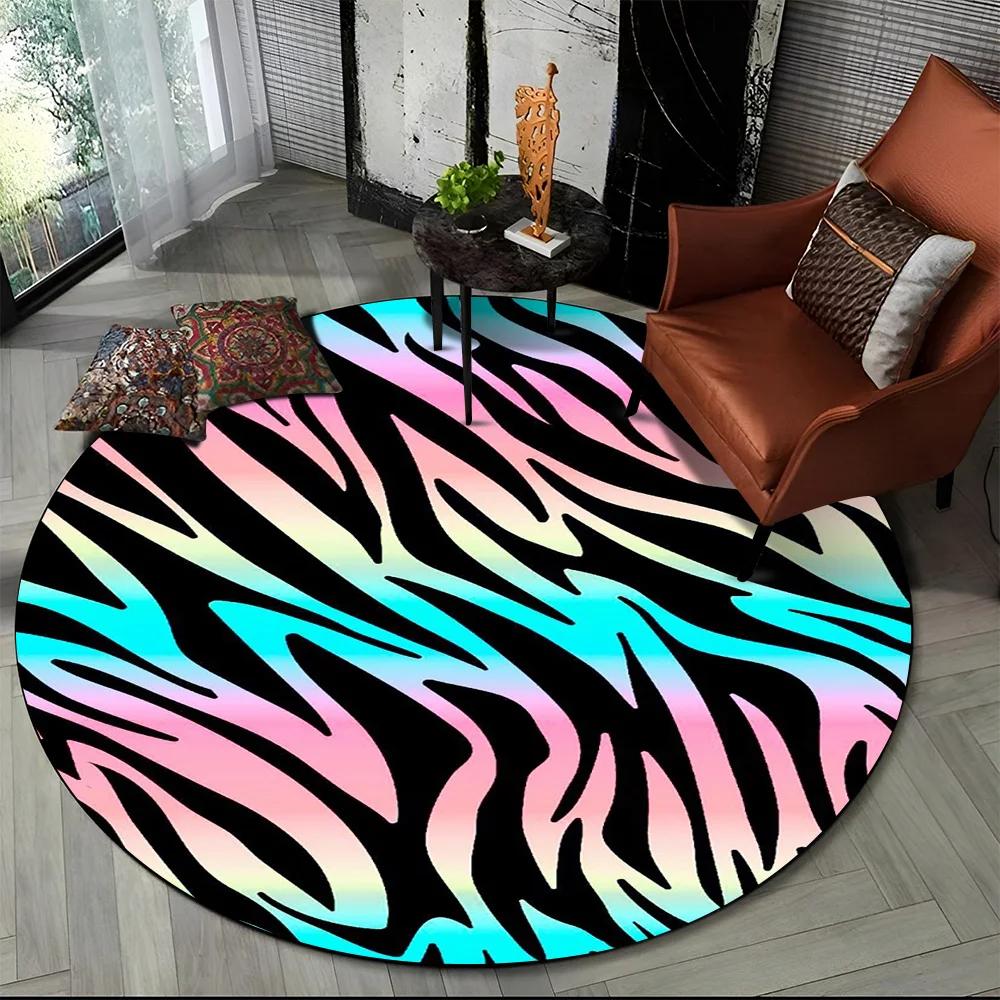 3D Barevný Pruhovaný Vzor Zebra Kulatý Koberec pro Obývací Pokoj, Ložnici, Dětský Herní Koutek Dekor, Protiskluzová Podložka do Zóny pro Domácí Mazlíčky