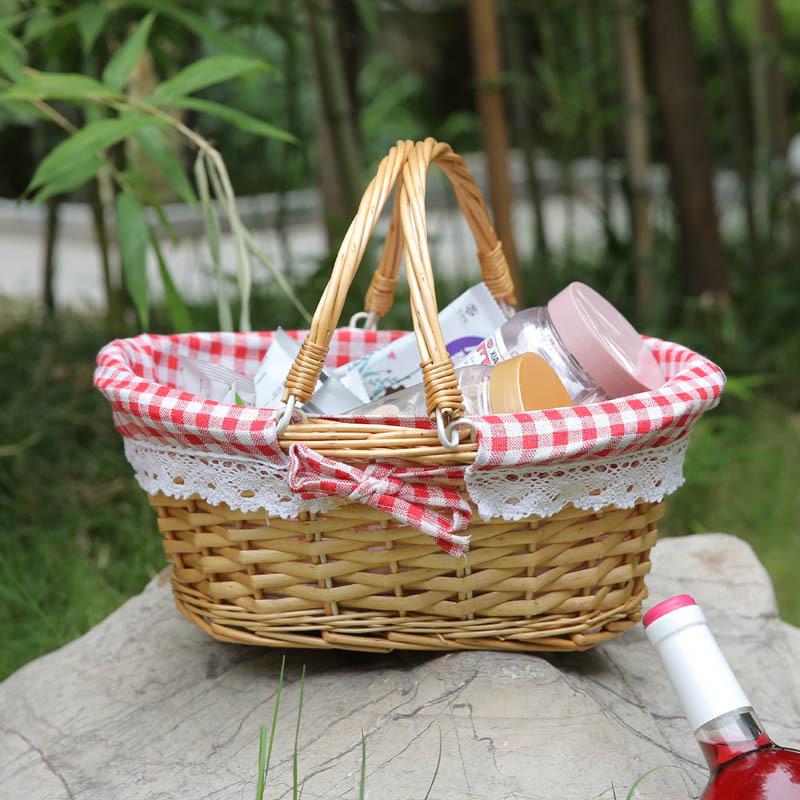 Woven Wicker Picnic Basket Handbag with Handle - Pastoral Style Fruit Storage E18