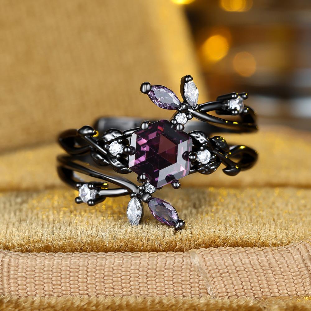 Retro Black Ring Set for Women Purple Hexagonal Zircon Finger Ring Wedding Bands Engagement Jewelry Gift