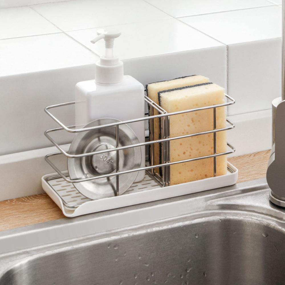 

Soap Dispenser Dish Freestanding Storage Shelf Drain Rack Sink Organizer Sponge Tray Brush Holder білий