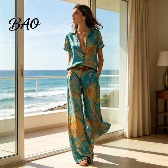 Lässiges Sexy Blusen 2-teiliges Set für Damen, Knopfleiste Kurzarmhemd Retro Urlaubsstil Und Weite Hosen Passende Sets, Sommer Bedruckt