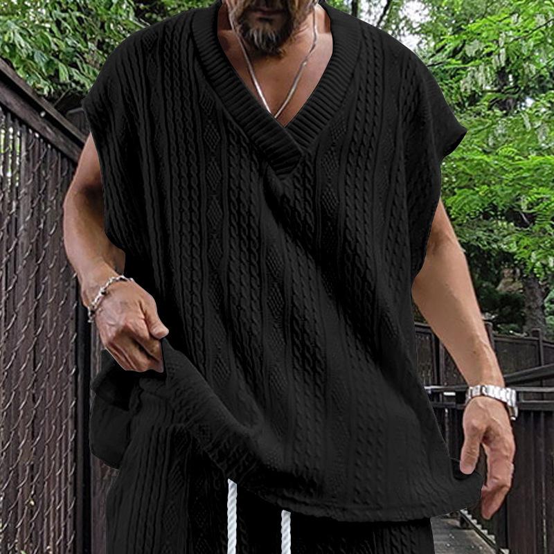 Gilet a maglia grossa da uomo, tinta unita, scollo a V, senza maniche, vestibilità larga