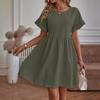 Women Casual Short Sleeve Dress O Neck Flare Sleeve High Waist Loose Mini Dress Solid Color Summer Dress