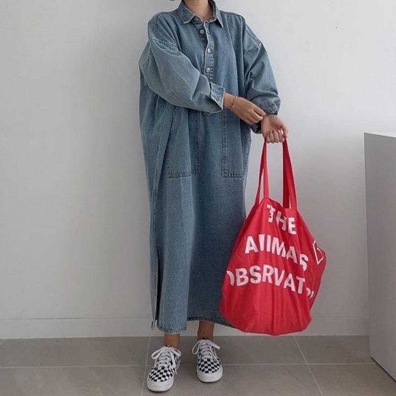 Retro Chic Lazy Long Sleeve Denim Dress Loose Casual  Women's Maxi Drress