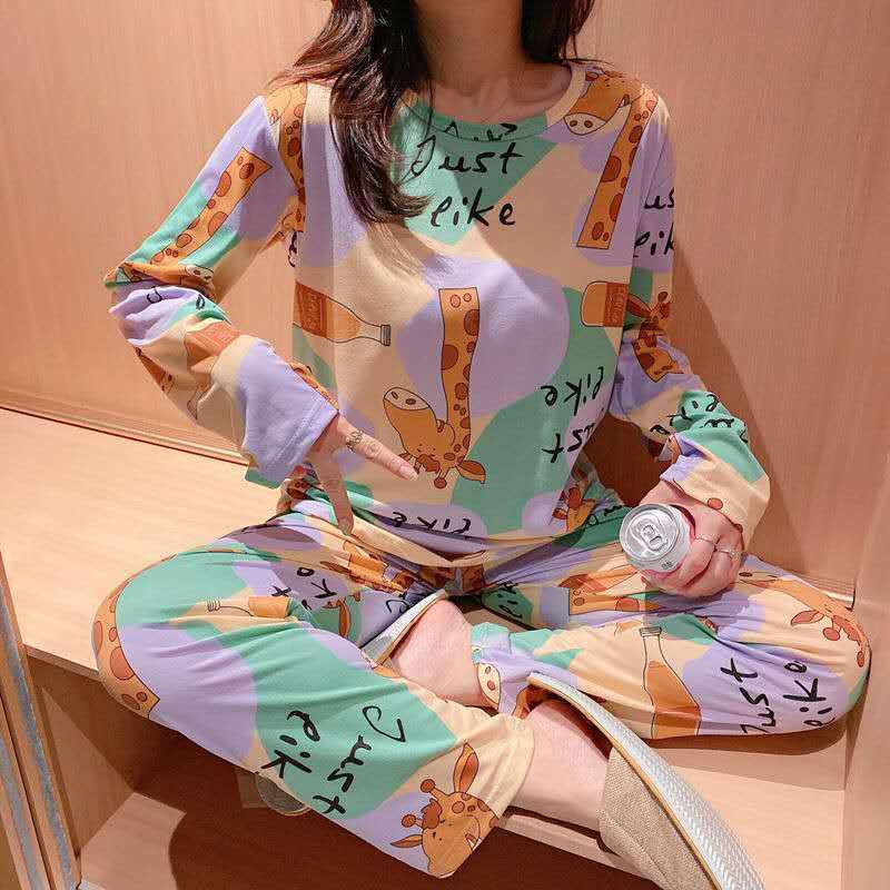 Set Pijama Dama Desen Animat - Cămașă cu Mânecă Lungă și Pantaloni, Haine de Casă pentru Studente Mignone pentru Primăvară și Toamnă
