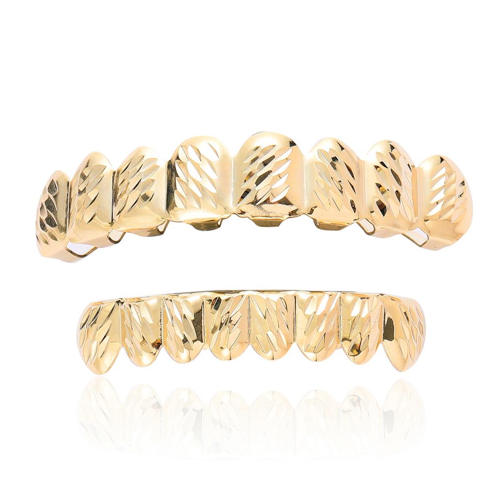 Hip Hop Smooth Textured Teeth Grills Gold Sets Fashion Body Jewelry 8 Teeth Top Bottom and Tooth Body Chain Gold Grillz Set