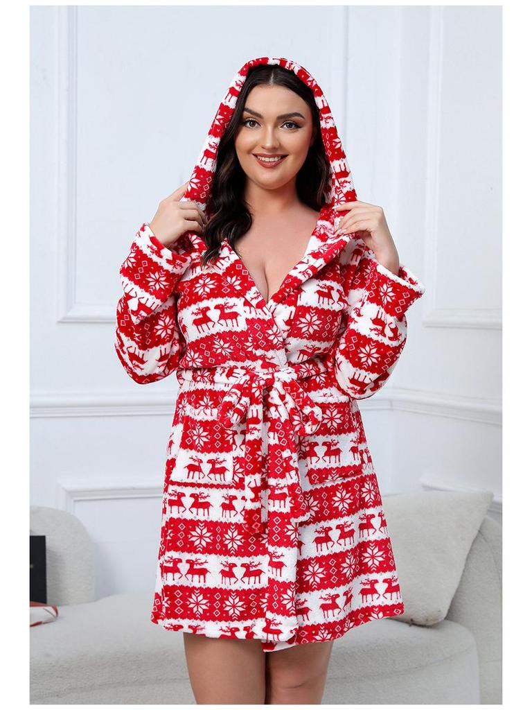 Puszysty Szlafrok Flanelowy Świąteczny Renifer Plus Size - Przytulny i Gruby