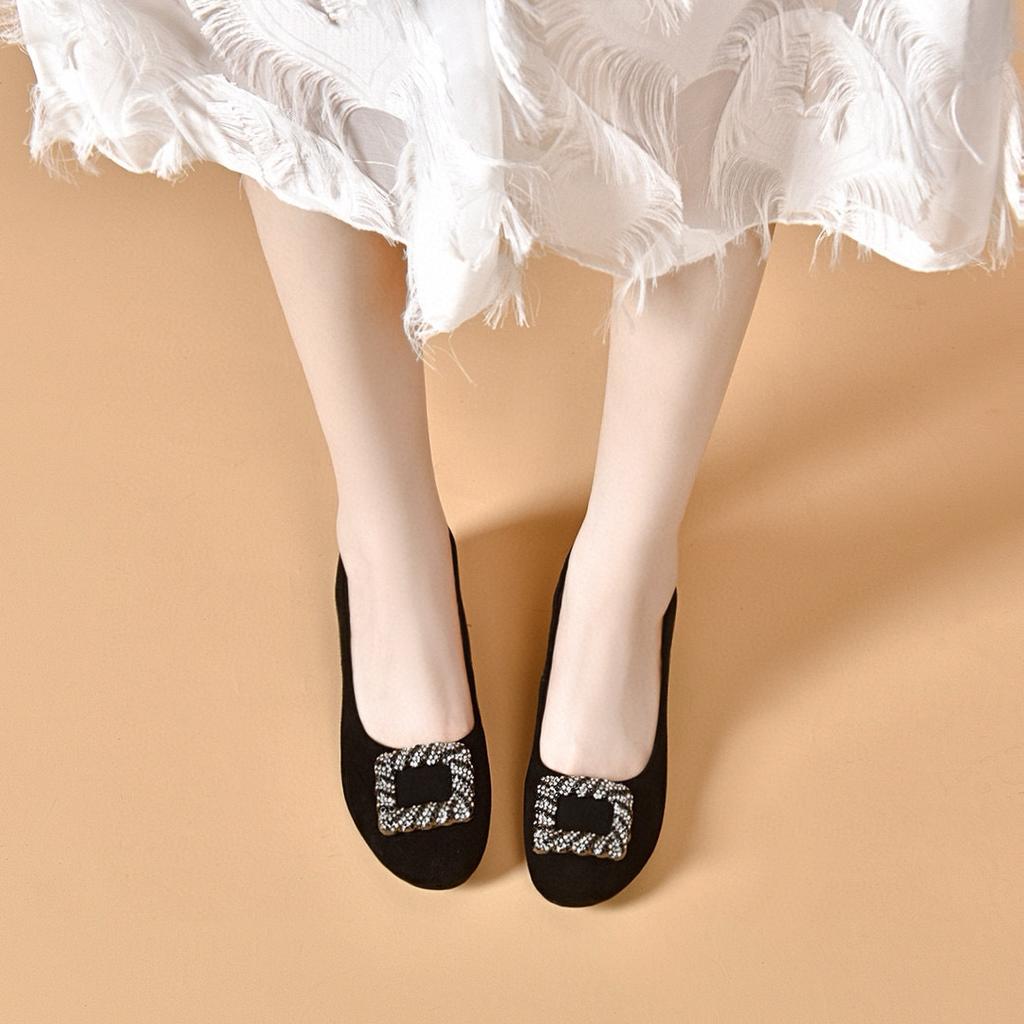Round Head Women's Buckle Rhinestone Shallow Mouth Low Heel Single Shoes Black One-pedal Women's Shoes Flat Shoes
