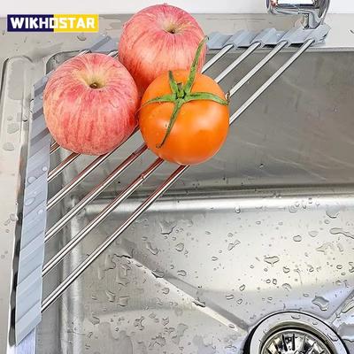 Scolapiatti arrotolabile a triangolo, organizer per lavello da cucina, angolare, sopra il lavello, porta spugna e straccio, scolapiatti pieghevole in acciaio inossidabile
