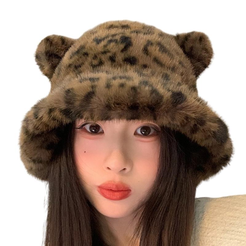 Furry Cartoon Fisherman Hat with Ear for Outdoor Sports Furry Leopard Pattern with Ear Oversized Headgear Hat for Winter