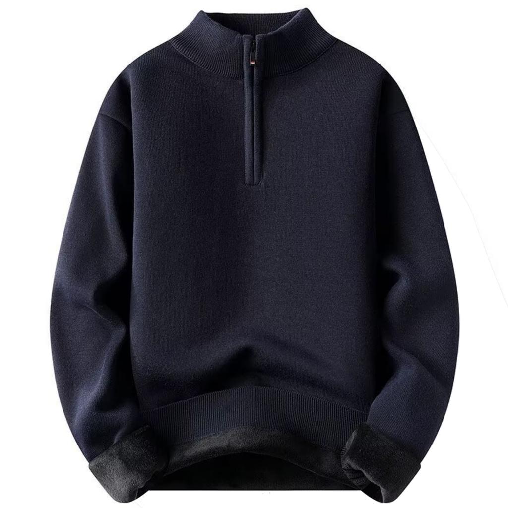 Men's Casual Solid-color Semi-zipper Knitted Sweater, Semi-high-neck Long-sleeved Warm Pullover Sweater