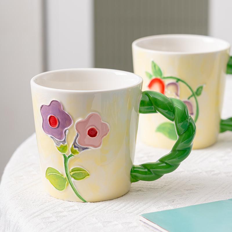 Cană din ceramică cu flori de lalele pictate manual, ceașcă de cafea și ceașcă de ceai