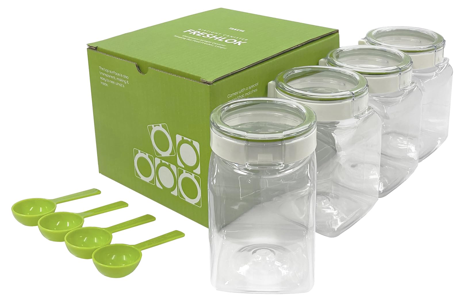

TAKEYA FRESHLOK Square Set of with High for Seasonings and Flour [Online Exclusive] Container, 1.1L, Green, 4, Spoon, Airtightness, One-Touch