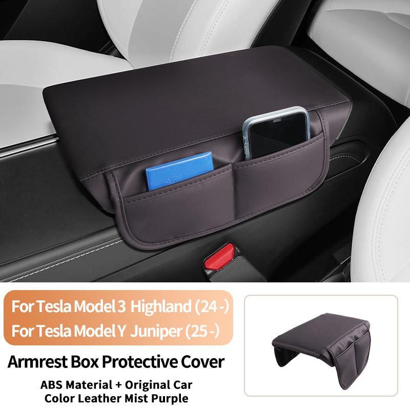 For Tesla Model 3 Highland / Model Y Juniper Leather Car Center Console Armrest Box Pad Protection Cushion With Storage Function