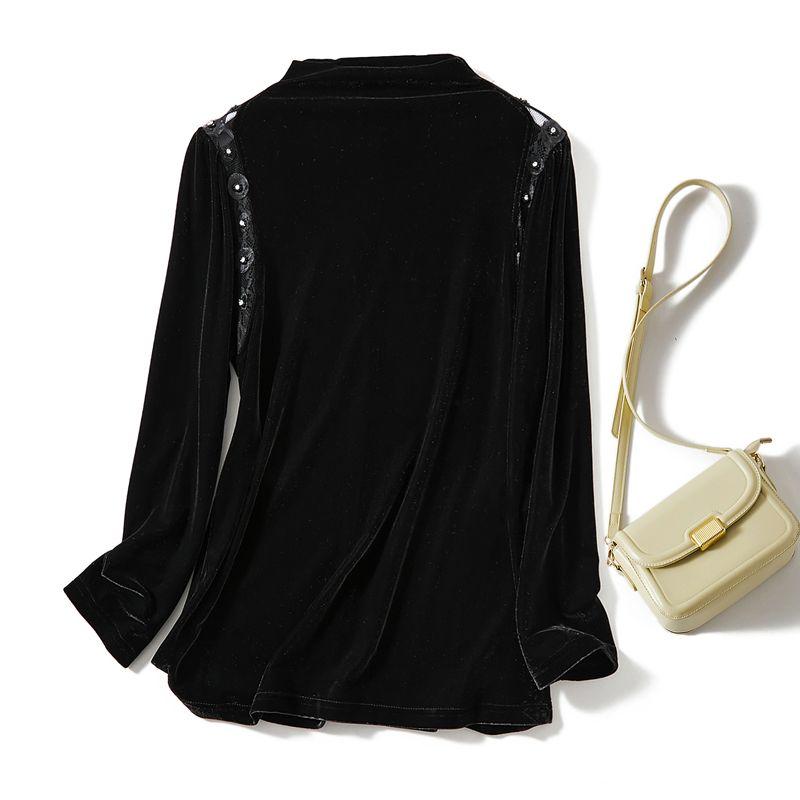

Handmade Craft! Fancy Women s Real Velvet Pullover Long Sleeves Hollow Mesh Patchwork T-shirt Spring & Fall Winter New Bottoming Shirt Black L
