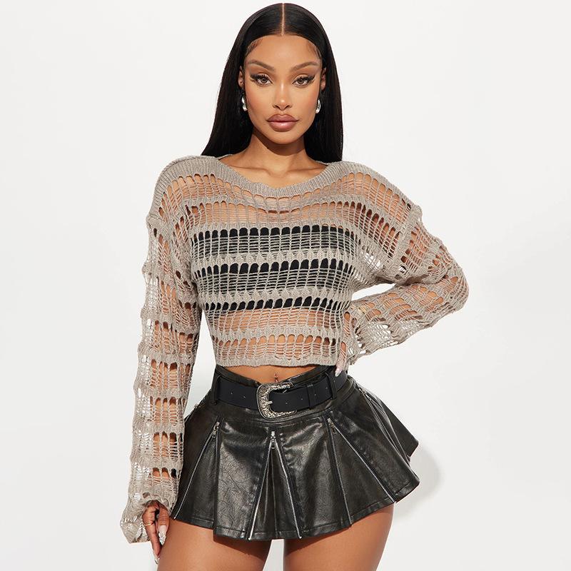 

Женские накидки на осень вязаный свитер свободный ажурный круглый вырез длинный рукав сексуальные вязаные пляжные накидки One size серый