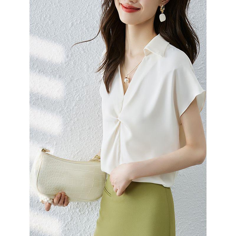 Sweet Summer New Arrival K-style Lake Blue V-neck Satin Fashion Commuter with Shoulder Short Sleeve Shirt Top Easiest for Match Female