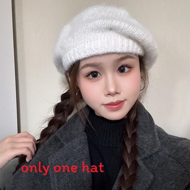 

Korean Bunny Fur Beret Hat With Embroidered Letters For Winter And Fall Fashion White Knit