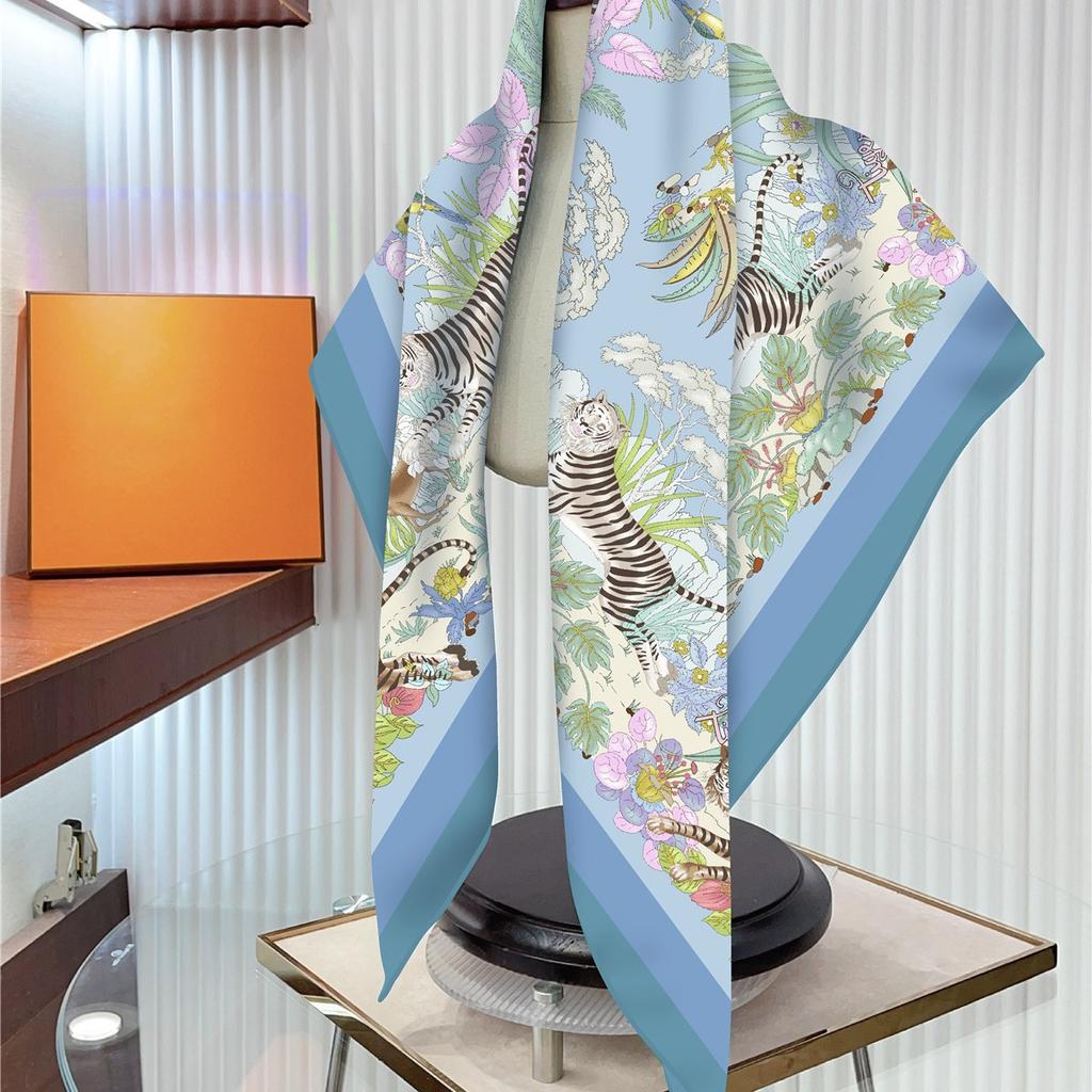 New Flower Designer Scarves Twill Silk Large Square Scarf Women Travel Shawl Headscarf 90cm Luxury Brand Modern Flowers