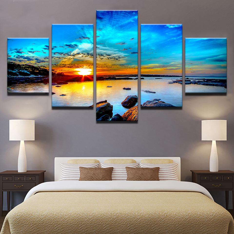 

Landscape Poster Sunrise Seavie 5 Pieces Canvas Art Painting Living Room Wall Picture Bedroom Modular Mural Home Decoration 20X35 20X45 20X55CM