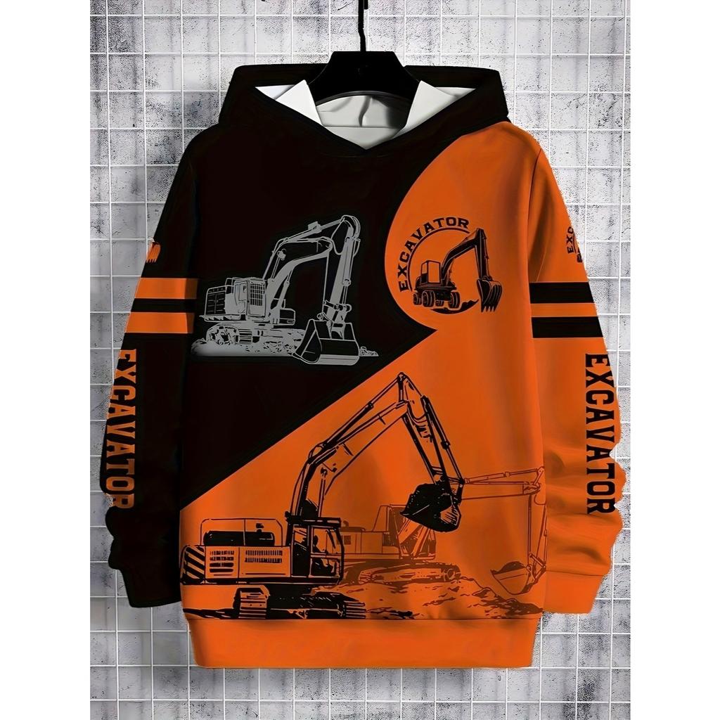 Boys' contrasting excavator pattern printed hoodie, casual long sleeved hoodie, suitable for outdoor use