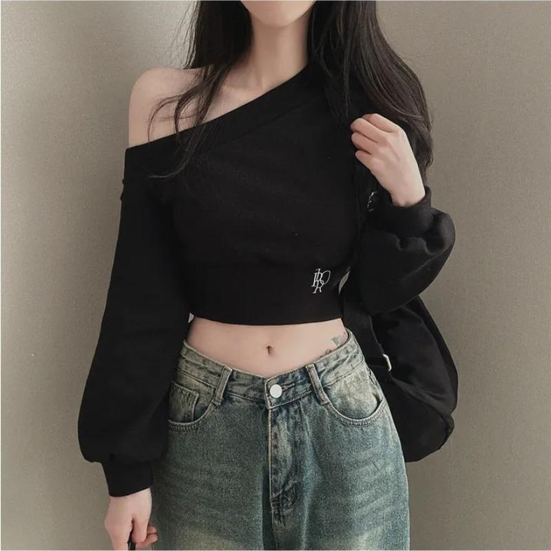 Slanted Collar Off-shoulder Temperament, Waist-hugging and Slimming, Versatile Student Short Long-sleeved Sweatshirt for Women