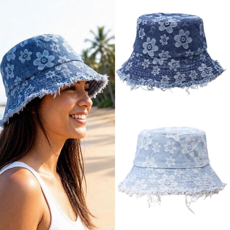 Stylish Distressed Trim Flower Print Fisherman Hat Breathable Bucket Hat for Spring Autumn Daily Outfit Fashion Headwear