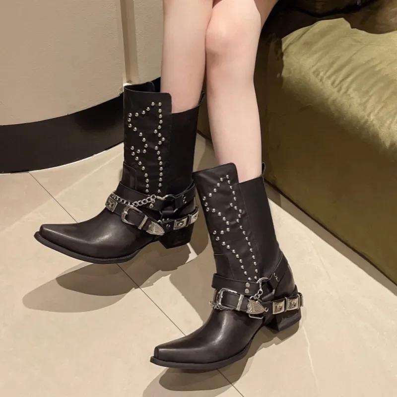 Mid-heeled Chelsea Boots Womens Chain Shoes Winter Thick-soled Mid-tube Boots Designer New Trend Women's High-heeled Short Boots
