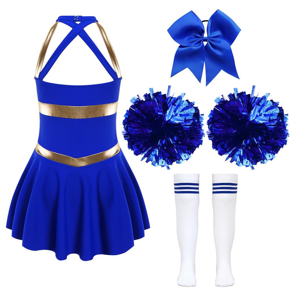 Kids Girls Cheerleading Outfits Letter Print Patchwork Sleeveless Dance Dress Bowknot Headwear Hand Flowers Striped Tube Socks
