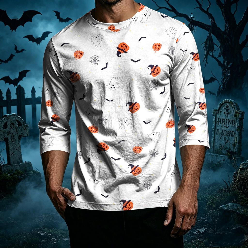 Men's Casual Halloween Pumpkin Print Raglan Sleeve T-Shirt Crew Neck Three Quarter Sleeve Top Lightweight Comfortable Fit