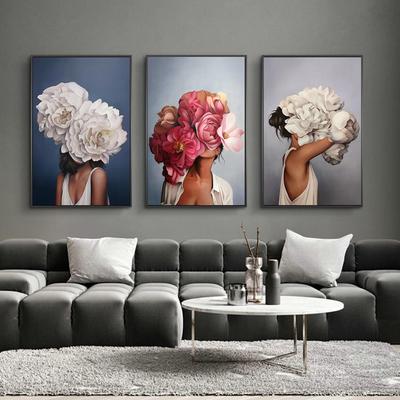 Toile de tête de femme avec tête de fleurs nordique, peintures sur le mur, affiches et imprimés d'art, plumes de filles, images murales, décoration de la maison, Cuadro