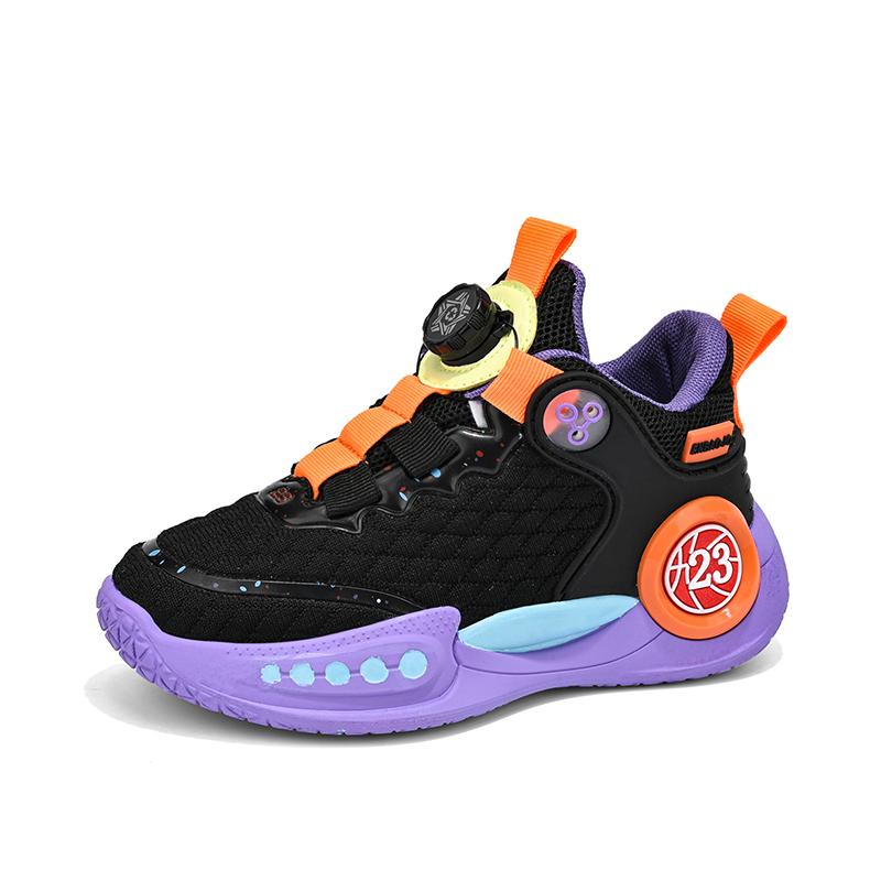 Sapatos novos infantis Superfície de malha respirável Sapatos de bola azuis acolchoados Sapatos esportivos estudantis Fivela rotativa Antiderrapantes Sapatos de corrida