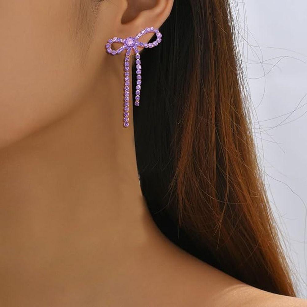 Sparkly Rhinestone Bow Earrings Personalized Bowknot Ear Stud Creative Gift Long Dangle Earrings